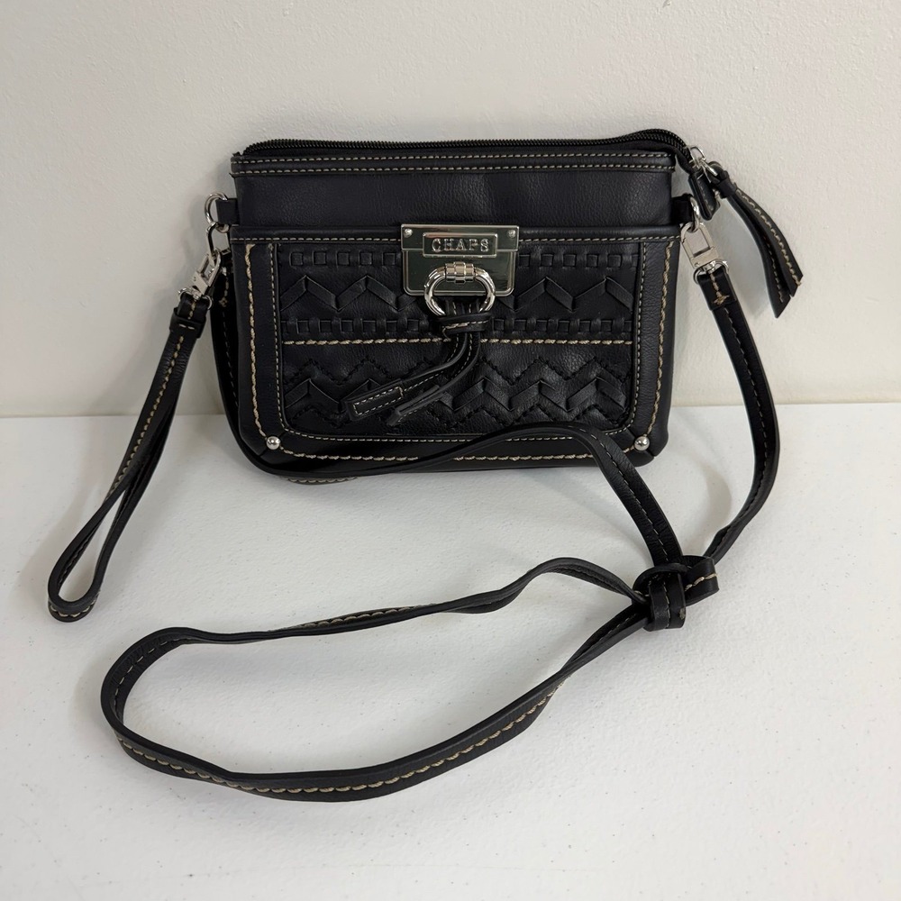 CHAPS Avery black convertible woven pocket zip faux leather wristlet crossbody‎